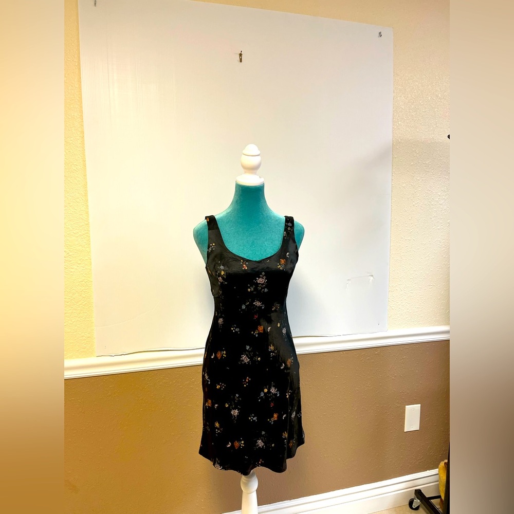Vintage Rampage 90s Mini Slip Dress – Black Satin Asian Floral Print – Size 7